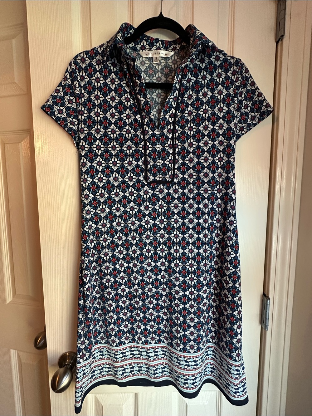 Max Studio Navy Blue, White & Red Geometric Short-Sleeve Dress